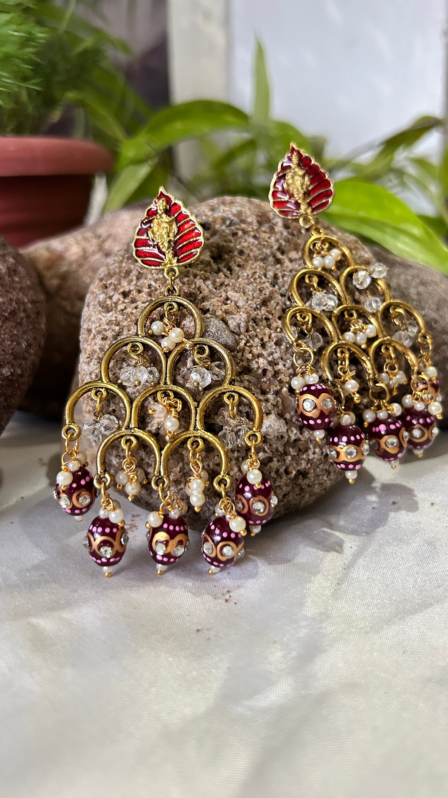 Shrikirishna Tangold Finish Dangle Earrings with Wine pearls