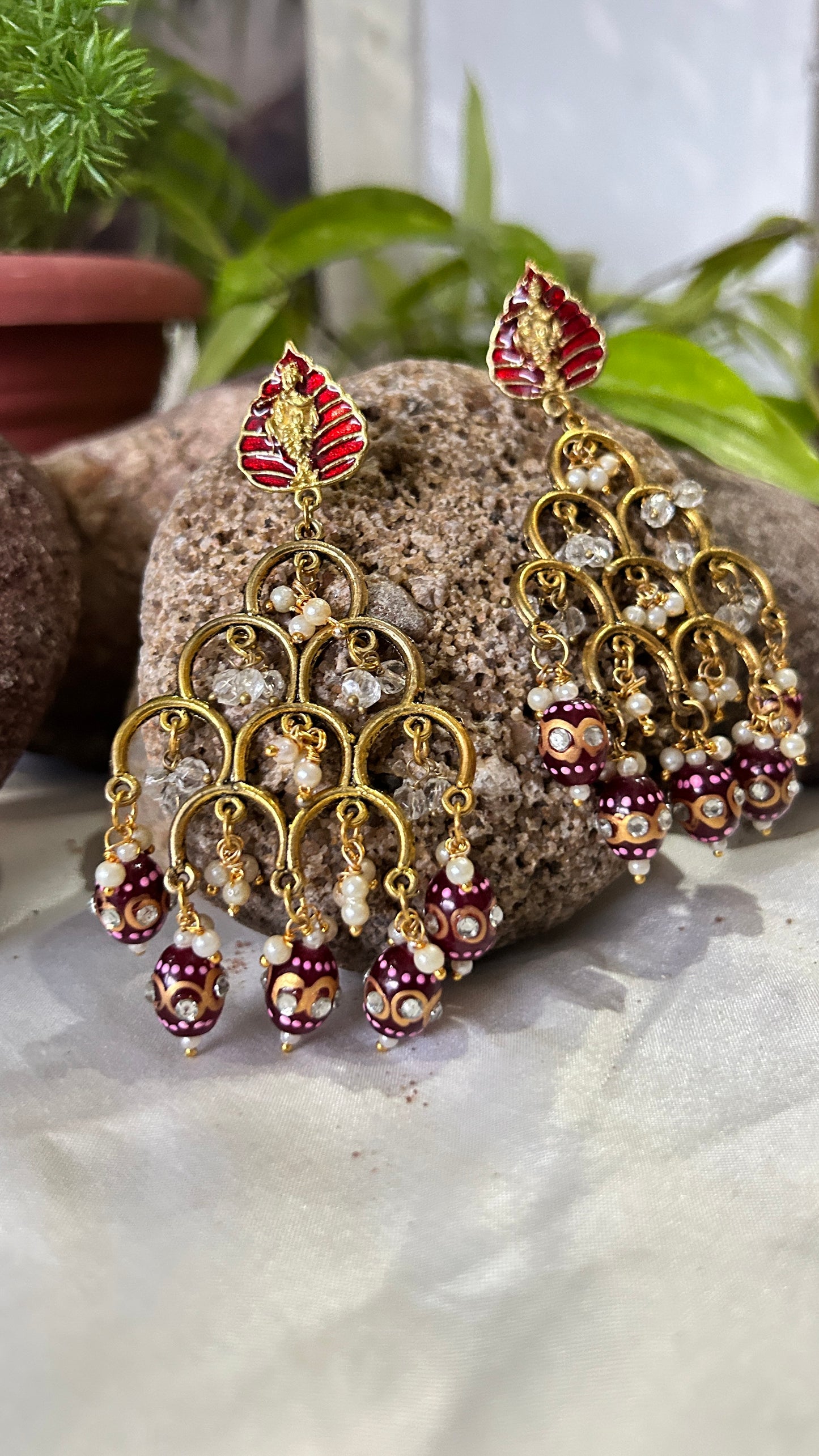 Shrikirishna Tangold Finish Dangle Earrings with Wine pearls