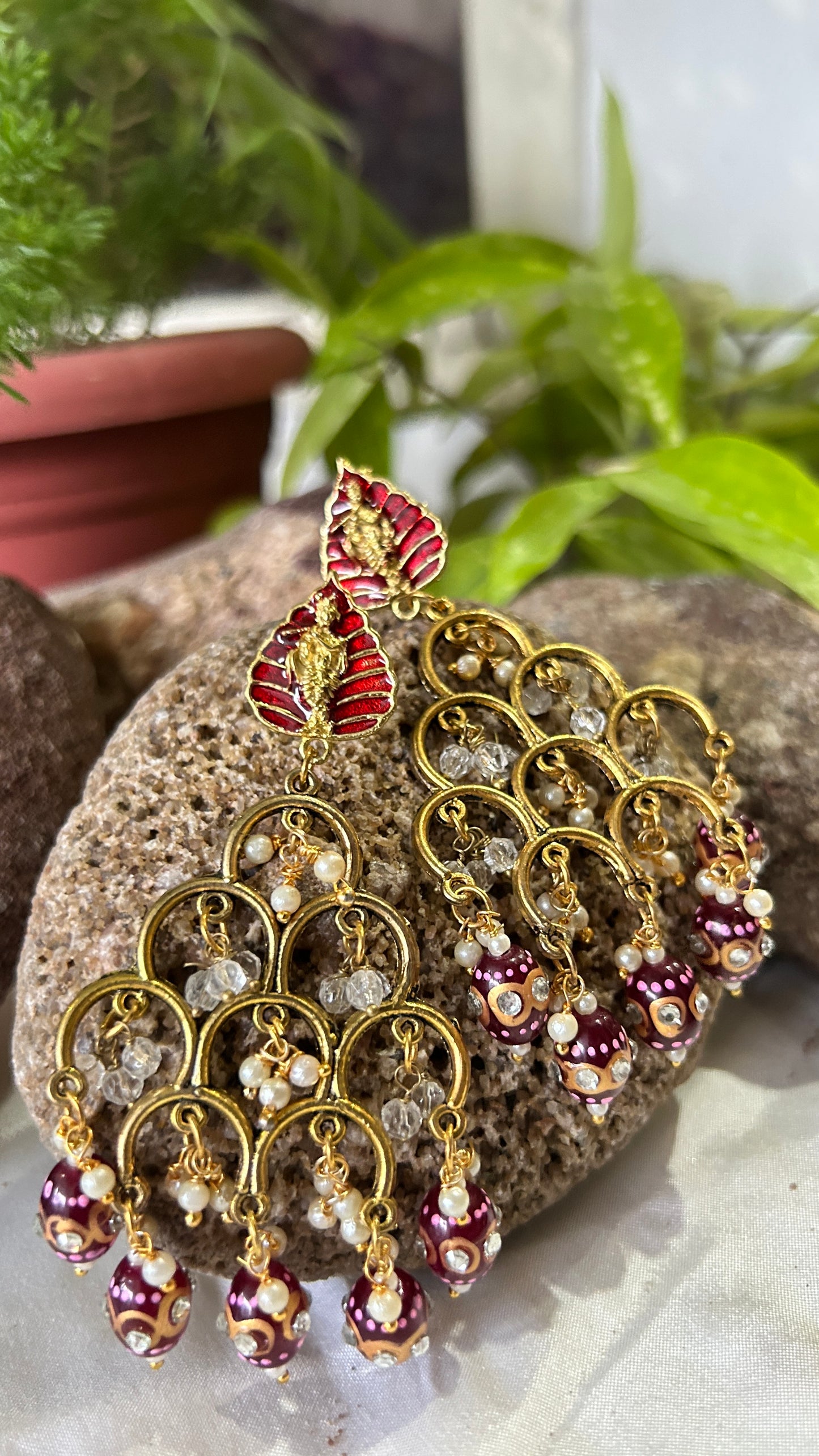 Shrikirishna Tangold Finish Dangle Earrings with Wine pearls