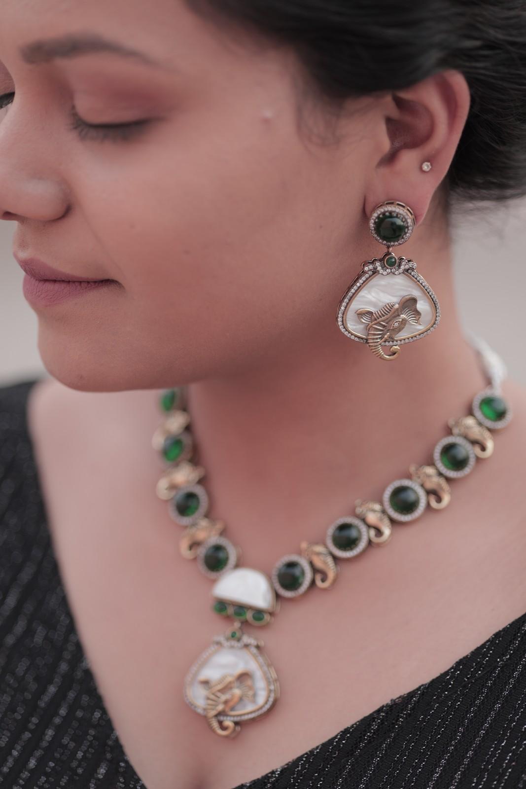 Elephant Statement Emerald Green Necklace with Earrings