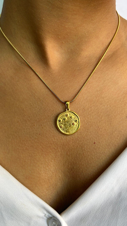 Golden Coin Charm Chain Pendant with Earrings