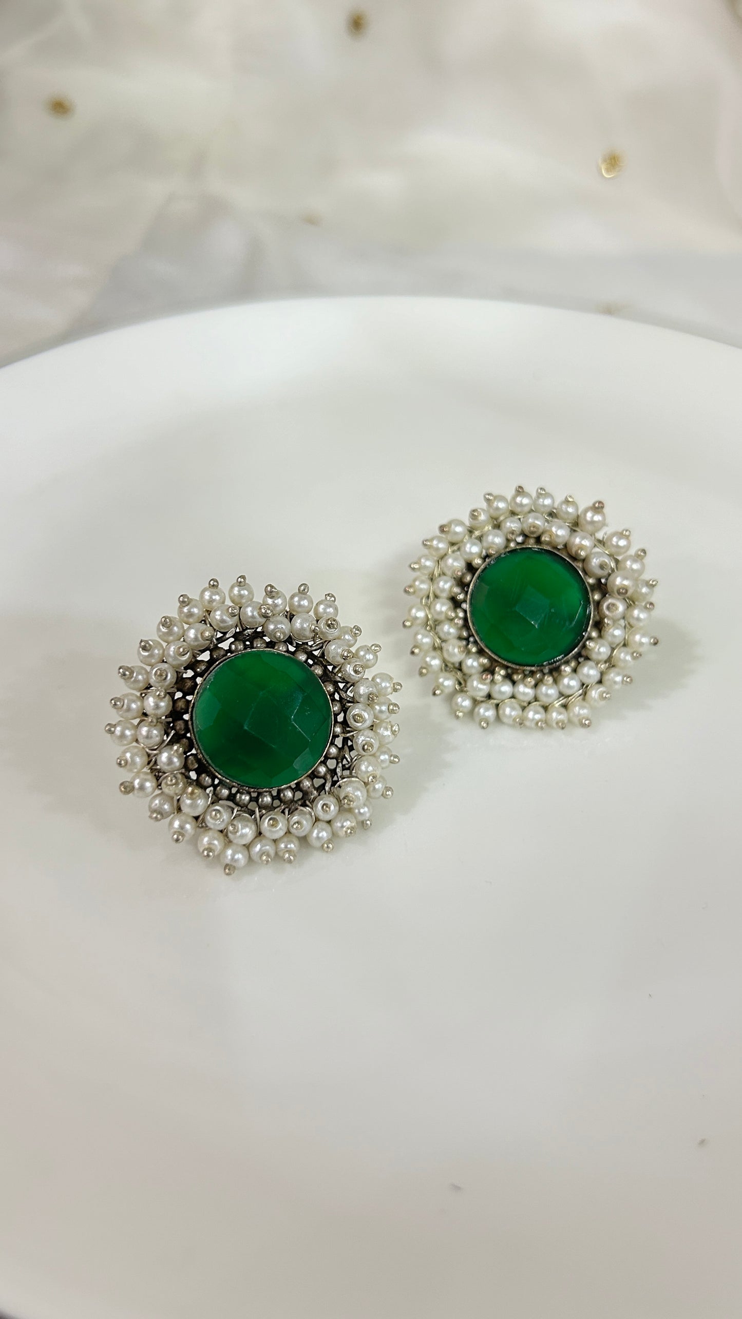 Green Stone & Pearl Stud Earrings