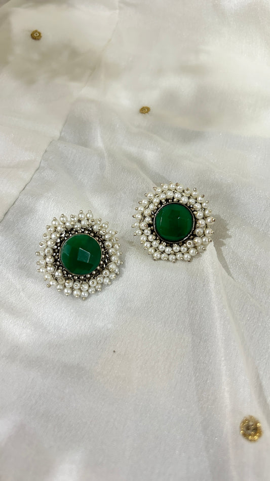 Green Stone & Pearl Stud Earrings