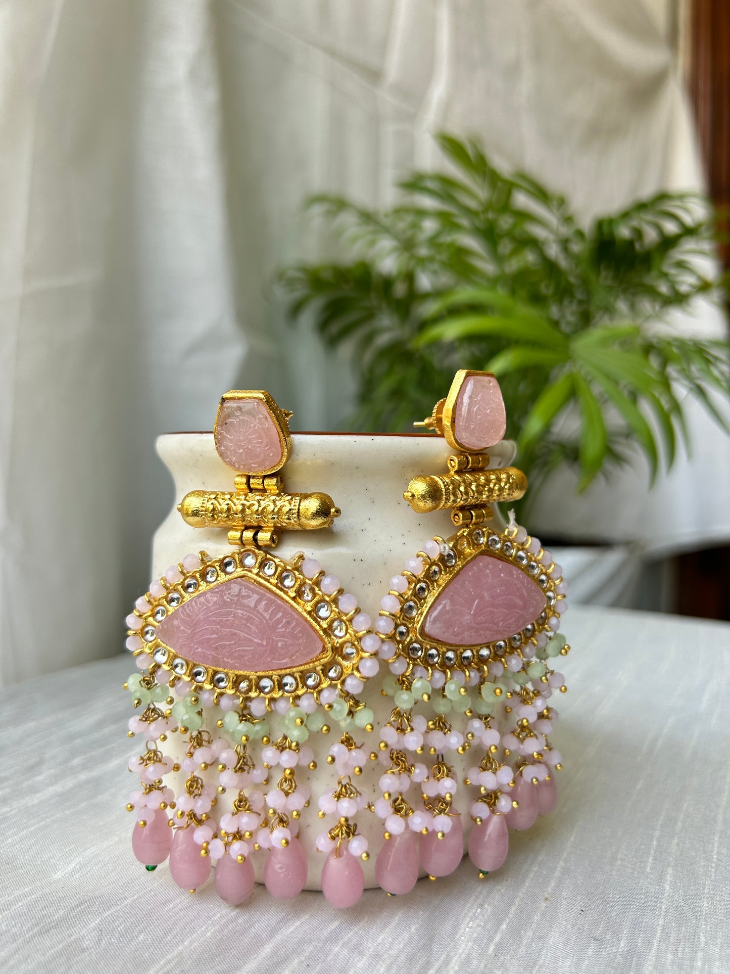 Gulabo Jhumka Earrings With Graved Stone