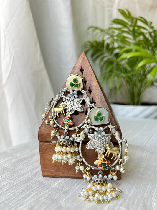 Pachi Kundan Double Tone Jaipuri Chandbali Earrings