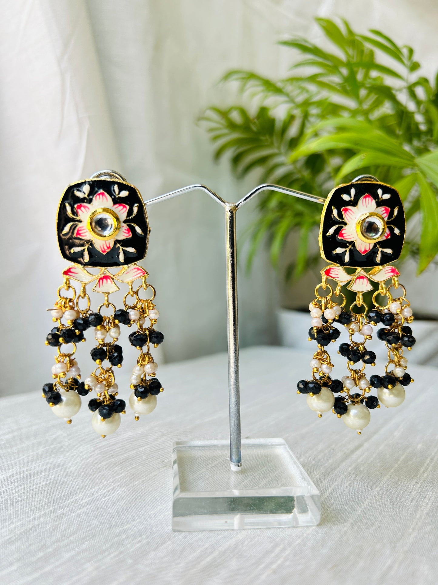 Black Pink Statement Meenakari Drop Earrings