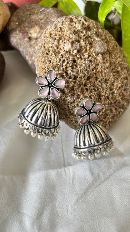 Oxidised Jhumka Earrings with Pink Stone