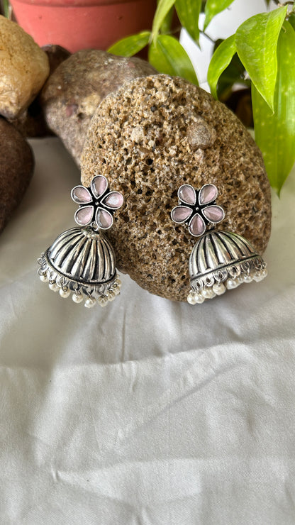 Oxidised Jhumka Earrings with Pink Stone