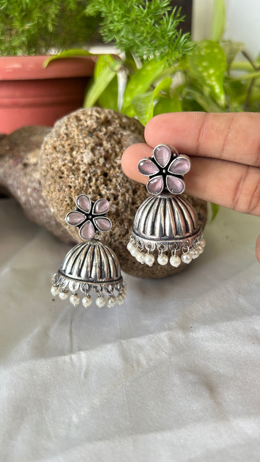 Oxidised Jhumka Earrings with Pink Stone