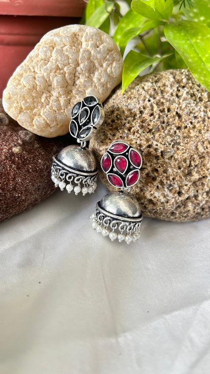 Stone Platted Oxidised Jhumka Earrings