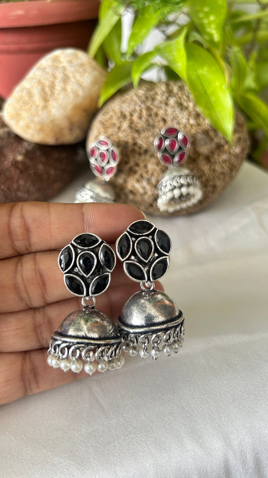 Stone Platted Oxidised Jhumka Earrings