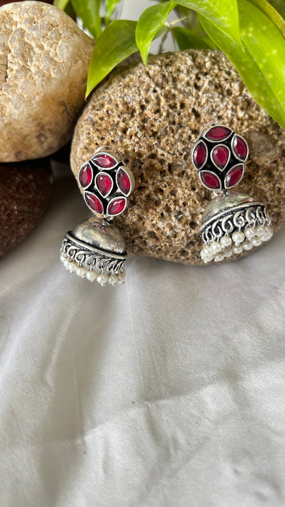 Stone Platted Oxidised Jhumka Earrings