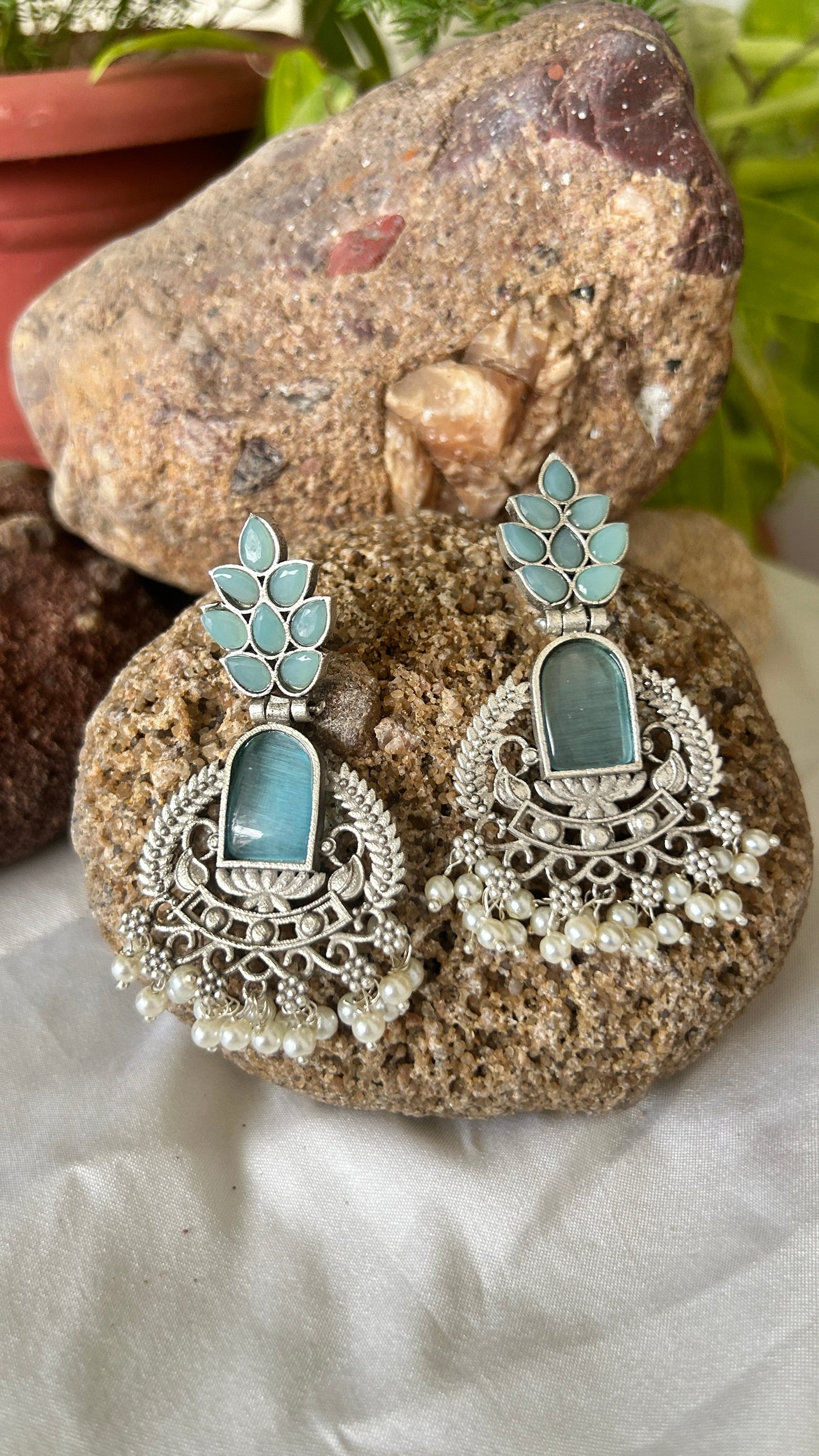 Teal Monalisa Stone & Pearl Oxidised Dangle Earrings