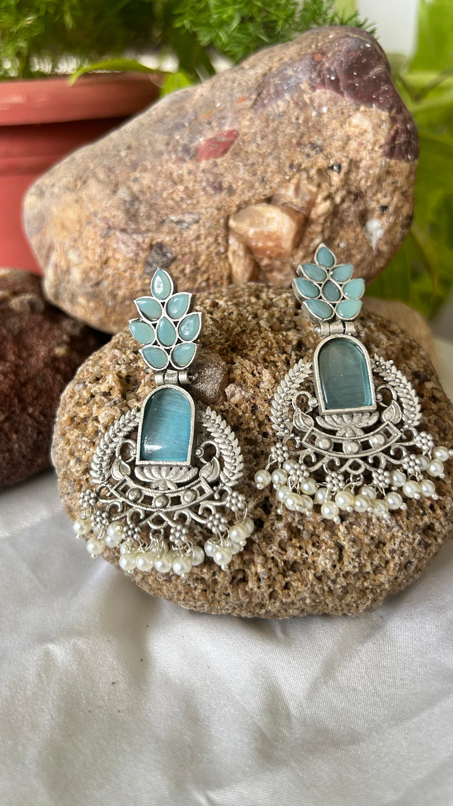 Teal Monalisa Stone & Pearl Oxidised Dangle Earrings