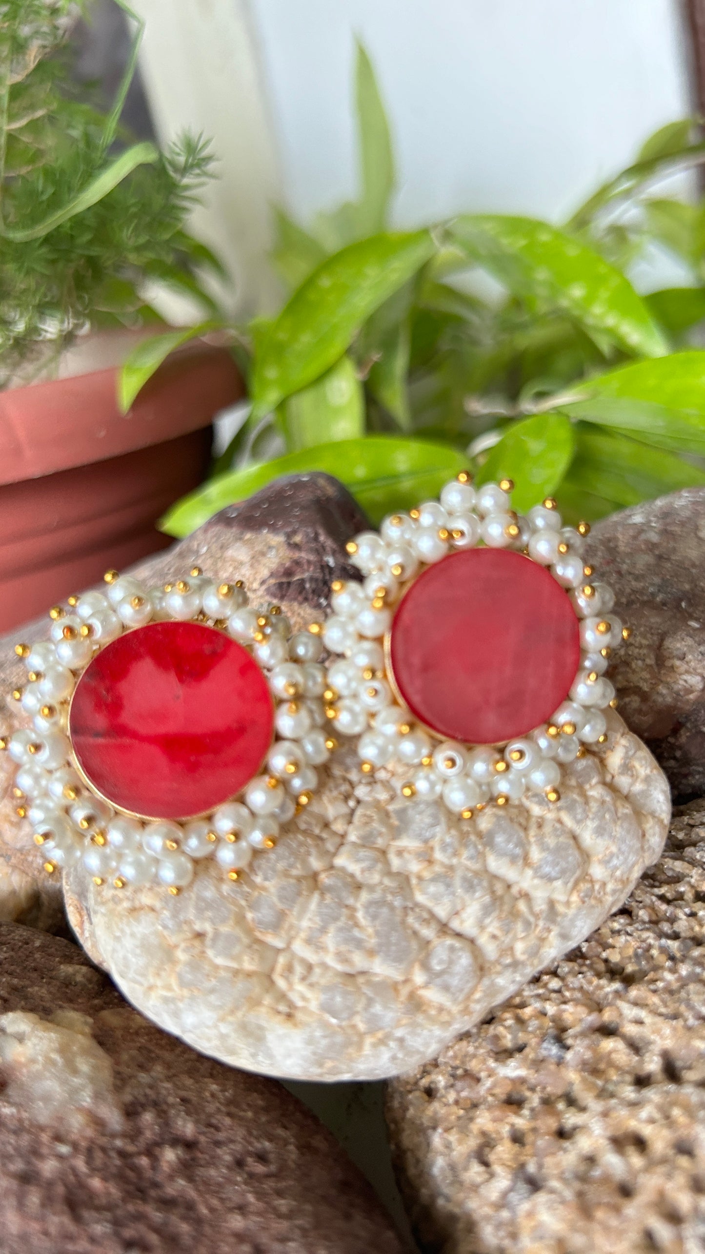 Red Monalisa Stone Stud Earrings