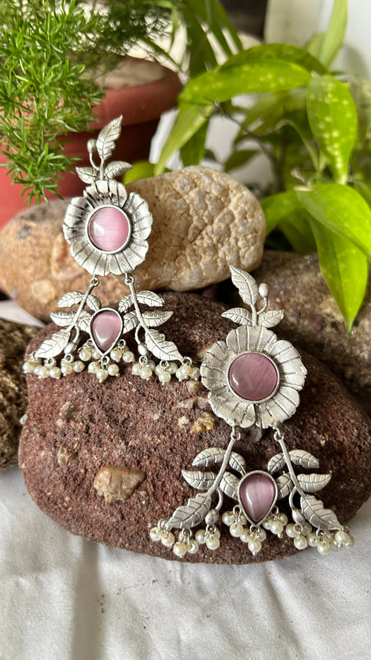 Floral Oxidised Drop earring with Pink Monalisa Stone and beads