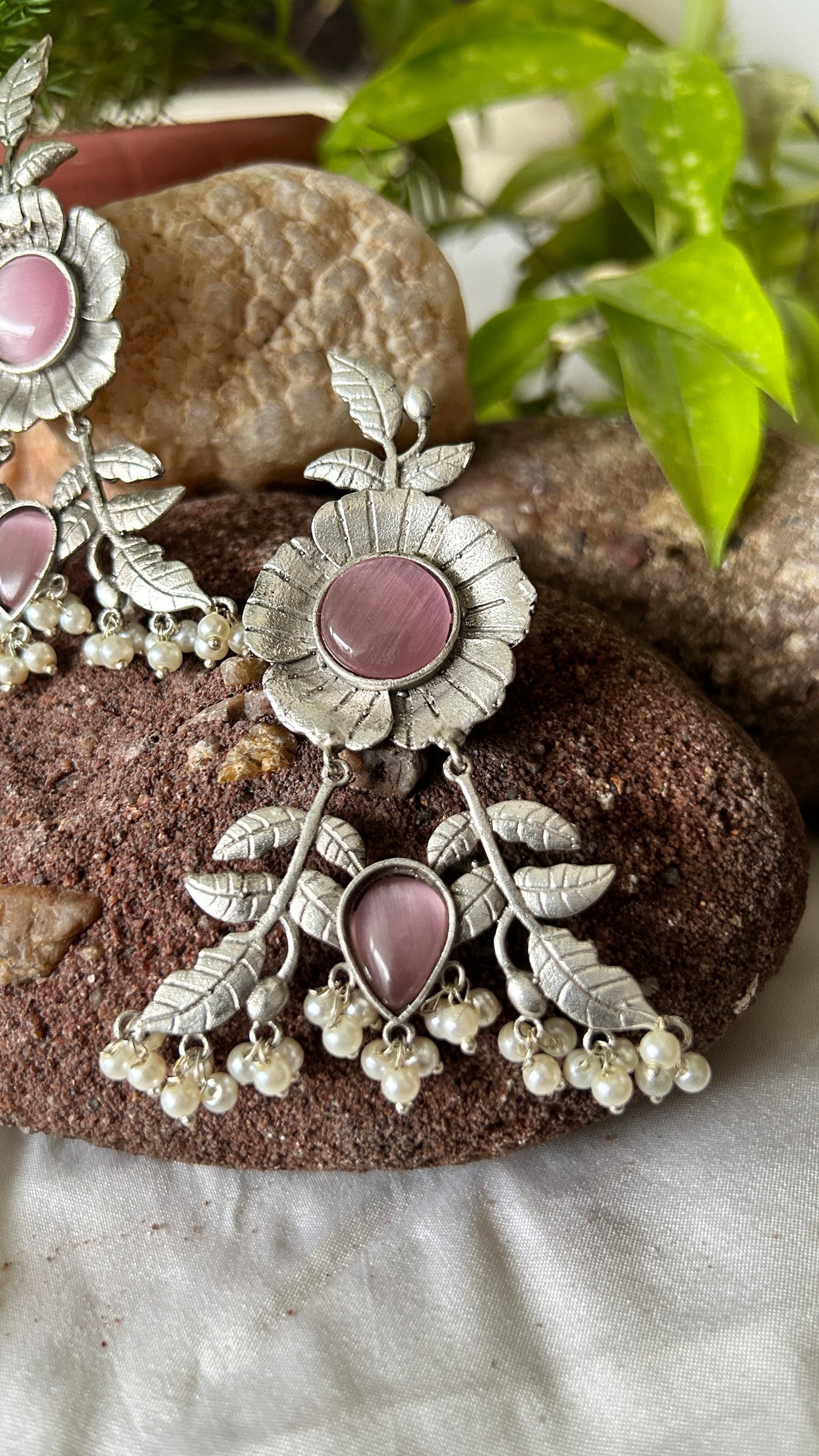 Floral Oxidised Drop earring with Pink Monalisa Stone and beads