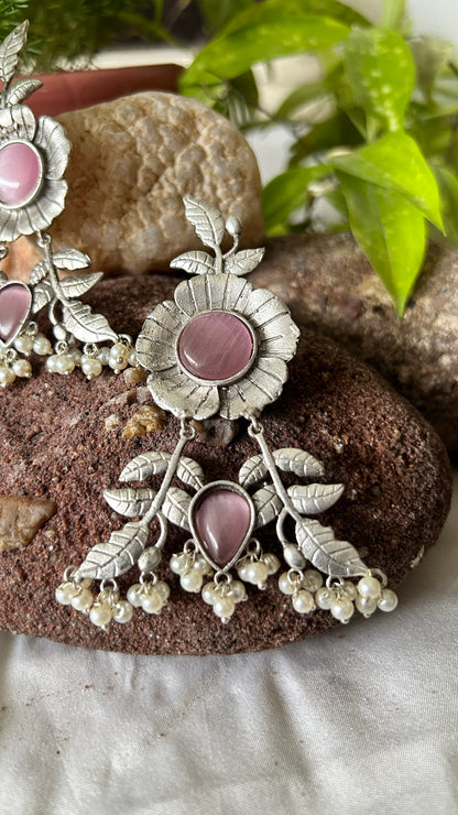 Floral Oxidised Drop earring with Pink Monalisa Stone and beads