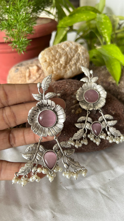 Floral Oxidised Drop earring with Pink Monalisa Stone and beads