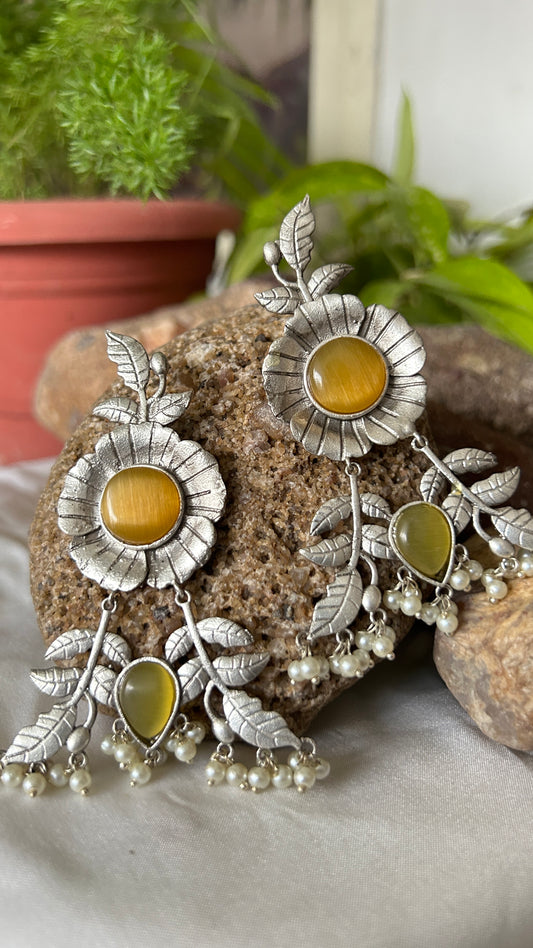 Floral Oxidised Drop earring with Yellow Monalisa Stone and beads