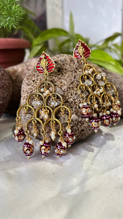 Shrikirishna Tangold Finish Dangle Earrings with Wine  pearls