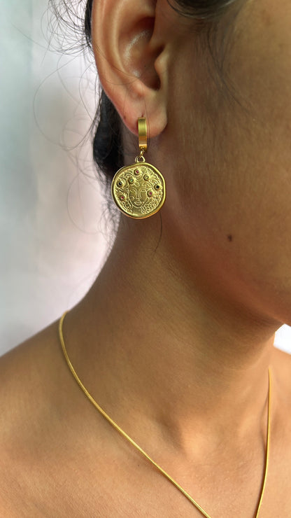 Golden Coin Charm Chain Pendant with Earrings