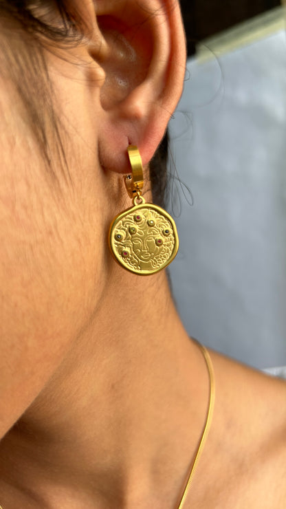 Golden Coin Charm Chain Pendant with Earrings